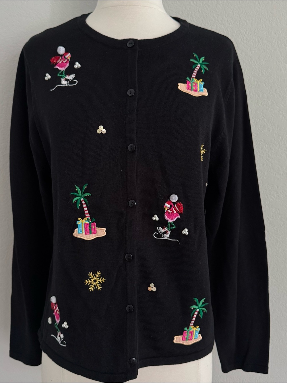 CB Career Christmas Cardigan Sweater Flamingos Black Size XL